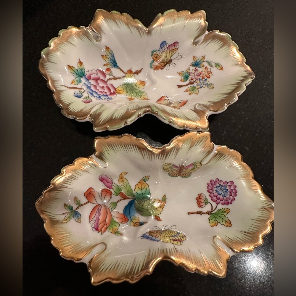Herend Hungary Trinket Tray flowers and butterflies set of 2